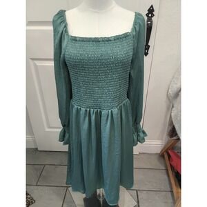 Wild Lily Teal Green Smocked Bodice Long Sleeve Satin Midi Dress XL